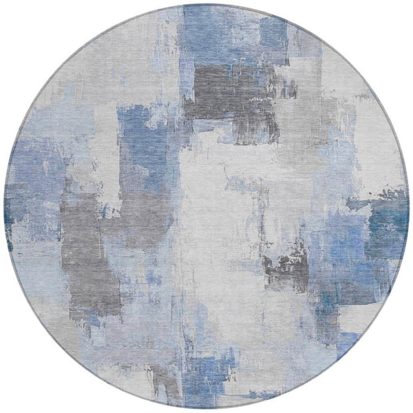 HomeRoots 5' Denim Blue and Ivory Abstract Area Rug – Stylish Washable Design for Indoor and Outdoor Use 8' Round 627631