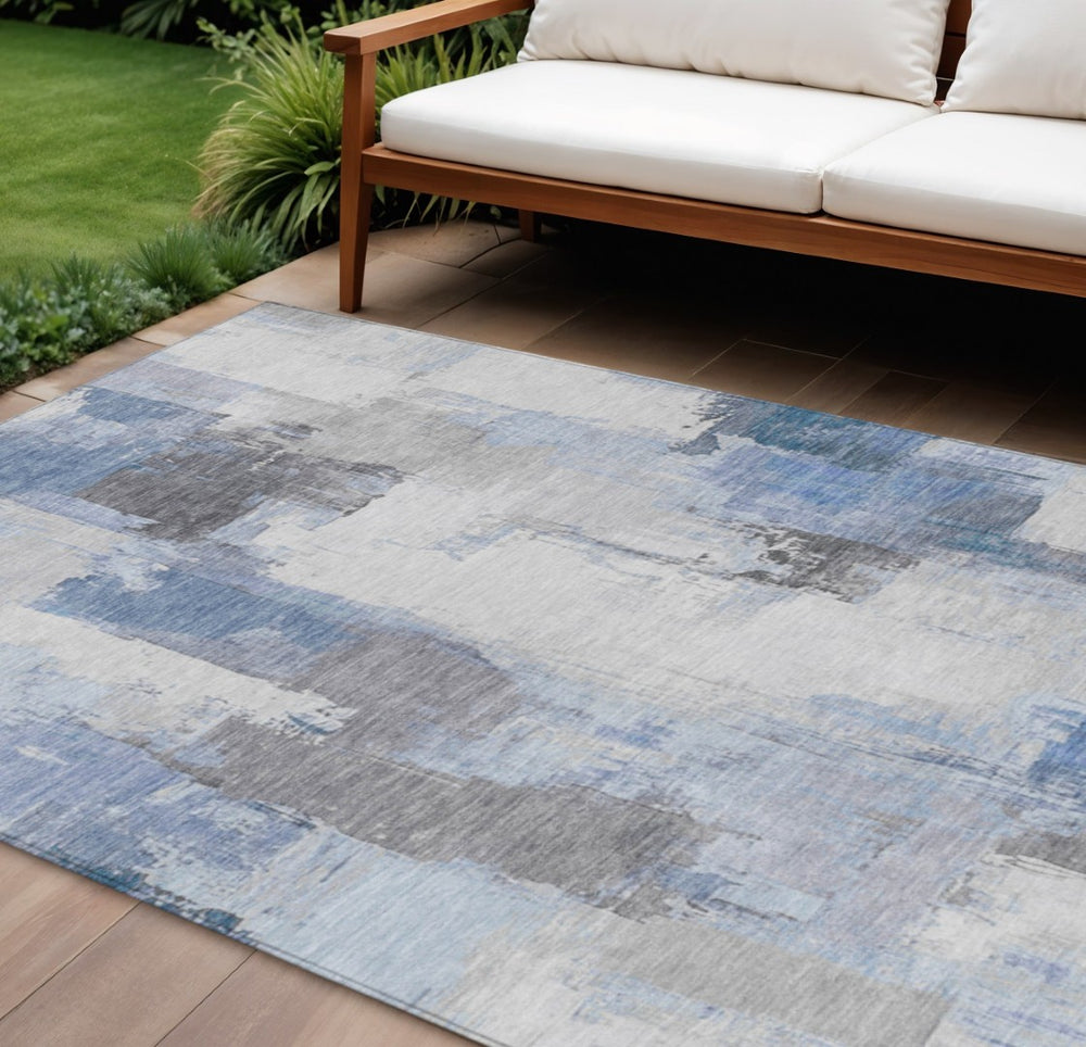 HomeRoots 5' Denim Blue and Ivory Abstract Area Rug – Stylish Washable Design for Indoor and Outdoor Use 9' X 12' 627633
