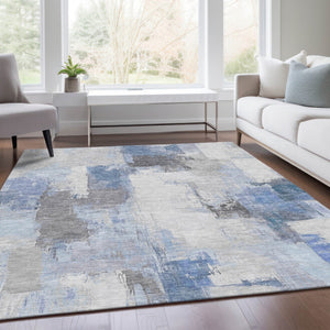 HomeRoots 5' Denim Blue and Ivory Abstract Area Rug – Stylish Washable Design for Indoor and Outdoor Use 10' X 14' 627634