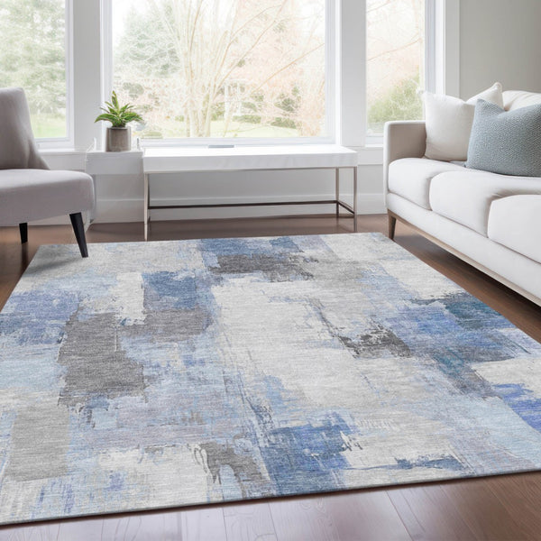 HomeRoots 5' Denim Blue and Ivory Abstract Area Rug – Stylish Washable Design for Indoor and Outdoor Use 10' X 14' 627634