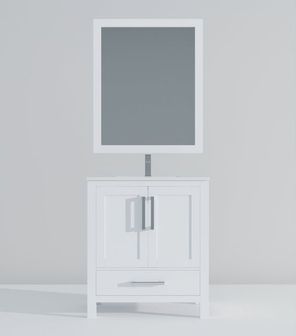 English Elm White Bath Vanity 30" W x 22" D with White Quartz Scratch-Resistant Top, Chrome Faucet & 28" Mirror B2731S01249