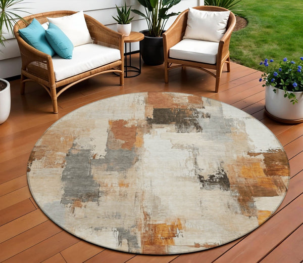 HomeRoots 5' Abstract Ivory and Rust Washable Area Rug - Stylish, Durable Design for Indoor and Outdoor Spaces 8' Round 627643