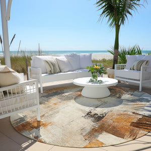 HomeRoots 5' Abstract Ivory and Rust Washable Area Rug - Stylish, Durable Design for Indoor and Outdoor Spaces 8' Round 627643