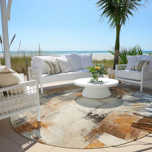 HomeRoots 5' Abstract Ivory and Rust Washable Area Rug - Stylish, Durable Design for Indoor and Outdoor Spaces 8' Round 627643