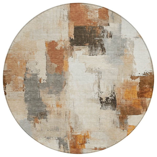 HomeRoots 5' Abstract Ivory and Rust Washable Area Rug - Stylish, Durable Design for Indoor and Outdoor Spaces 8' Round 627643