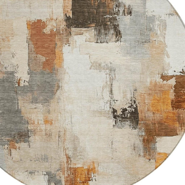 HomeRoots 5' Abstract Ivory and Rust Washable Area Rug - Stylish, Durable Design for Indoor and Outdoor Spaces 8' Round 627643