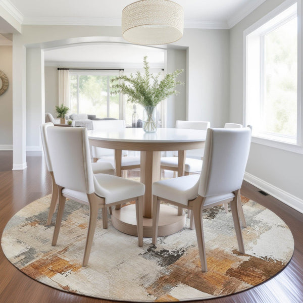 HomeRoots 5' Abstract Ivory and Rust Washable Area Rug - Stylish, Durable Design for Indoor and Outdoor Spaces 8' Round 627643
