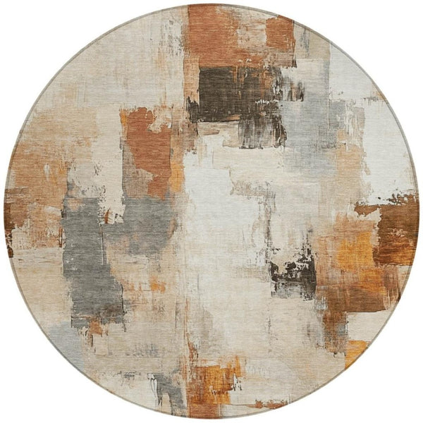 HomeRoots 5' Abstract Ivory and Rust Washable Area Rug - Stylish, Durable Design for Indoor and Outdoor Spaces 8' Round 627643