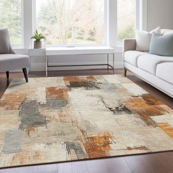 HomeRoots 5' Abstract Ivory and Rust Washable Area Rug - Stylish, Durable Design for Indoor and Outdoor Spaces 10' X 14' 627646