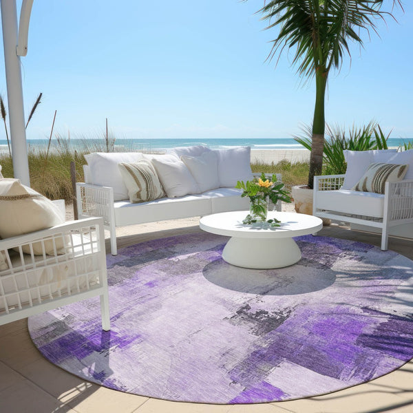 HomeRoots 5' Artistic Lavender and Ivory Abstract Area Rug - Washable, Durable, Indoor/Outdoor Style for Home 8' Round 627649