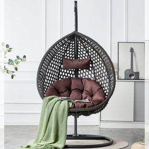 English Elm 76.8-inch Hand Woven Rattan Egg Swing Chair Indoor Outdoor with Cushion Lumbar Pillow Black W1512P498596