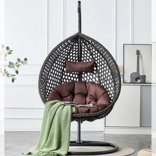 English Elm 76.8-inch Hand Woven Rattan Egg Swing Chair Indoor Outdoor with Cushion Lumbar Pillow Black W1512P498596