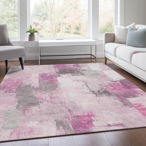 HomeRoots 5' Modern Pink and Silver Abstract Area Rug - Durable, Washable Design for Indoor and Outdoor Use 5' X 8' 627654