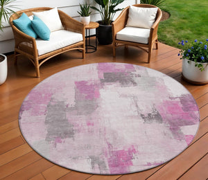 HomeRoots 5' Modern Pink and Silver Abstract Area Rug - Durable, Washable Design for Indoor and Outdoor Use 8' Round 627655