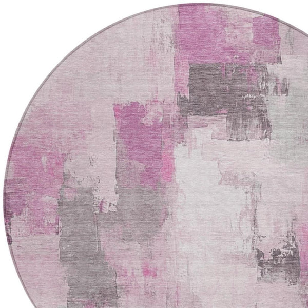 HomeRoots 5' Modern Pink and Silver Abstract Area Rug - Durable, Washable Design for Indoor and Outdoor Use 8' Round 627655