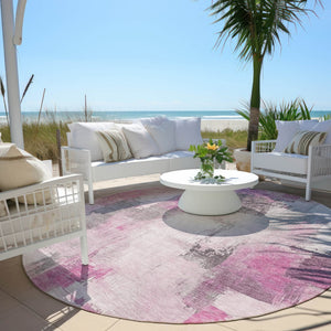 HomeRoots 5' Modern Pink and Silver Abstract Area Rug - Durable, Washable Design for Indoor and Outdoor Use 8' Round 627655