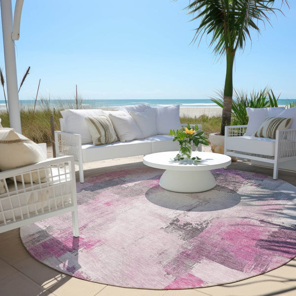 HomeRoots 5' Modern Pink and Silver Abstract Area Rug - Durable, Washable Design for Indoor and Outdoor Use 8' Round 627655