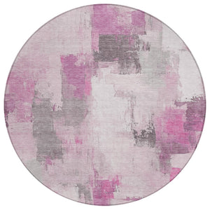 HomeRoots 5' Modern Pink and Silver Abstract Area Rug - Durable, Washable Design for Indoor and Outdoor Use 8' Round 627655