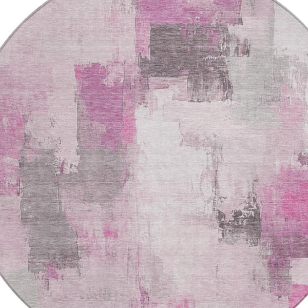 HomeRoots 5' Modern Pink and Silver Abstract Area Rug - Durable, Washable Design for Indoor and Outdoor Use 8' Round 627655
