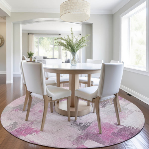 HomeRoots 5' Modern Pink and Silver Abstract Area Rug - Durable, Washable Design for Indoor and Outdoor Use 8' Round 627655