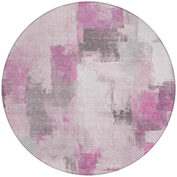 HomeRoots 5' Modern Pink and Silver Abstract Area Rug - Durable, Washable Design for Indoor and Outdoor Use 8' Round 627655