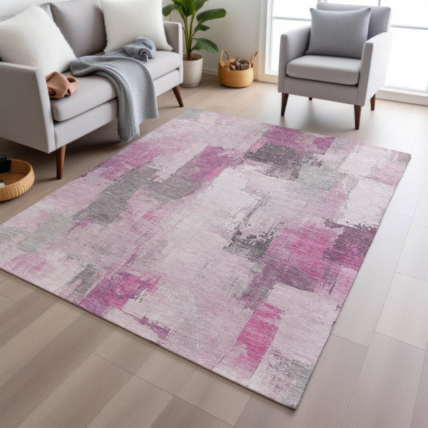 HomeRoots 5' Modern Pink and Silver Abstract Area Rug - Durable, Washable Design for Indoor and Outdoor Use 8' X 10' 627656