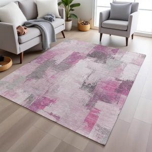 HomeRoots 5' Modern Pink and Silver Abstract Area Rug - Durable, Washable Design for Indoor and Outdoor Use 10' X 14' 627658