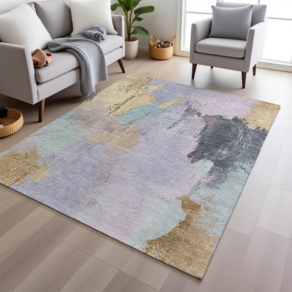 HomeRoots 5' Elegant Lavender and Gold Abstract Area Rug - Stylish, Durable, Machine Washable for Indoor/Outdoor Use 5' X 8' 627672