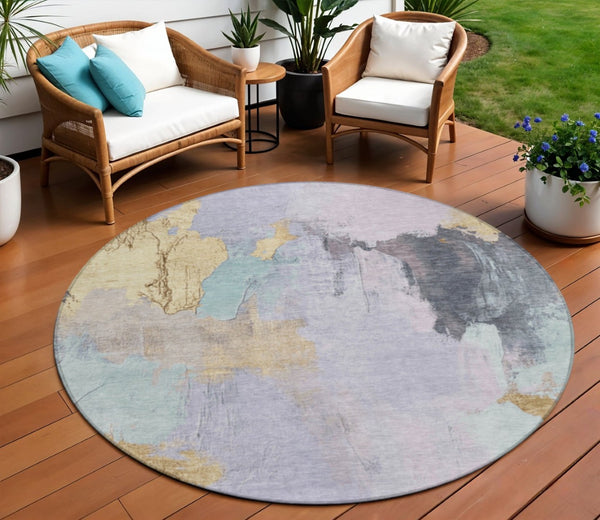 HomeRoots 5' Elegant Lavender and Gold Abstract Area Rug - Stylish, Durable, Machine Washable for Indoor/Outdoor Use 8' Round 627673