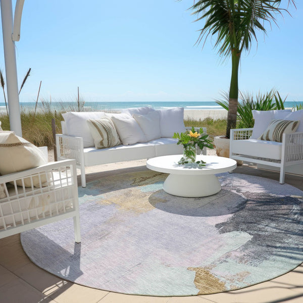 HomeRoots 5' Elegant Lavender and Gold Abstract Area Rug - Stylish, Durable, Machine Washable for Indoor/Outdoor Use 8' Round 627673