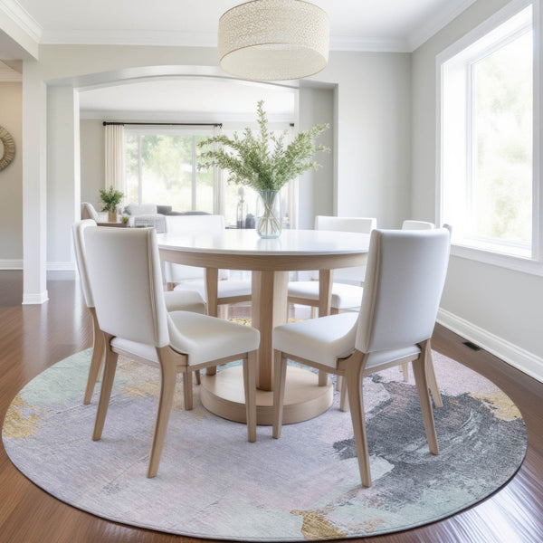 HomeRoots 5' Elegant Lavender and Gold Abstract Area Rug - Stylish, Durable, Machine Washable for Indoor/Outdoor Use 8' Round 627673
