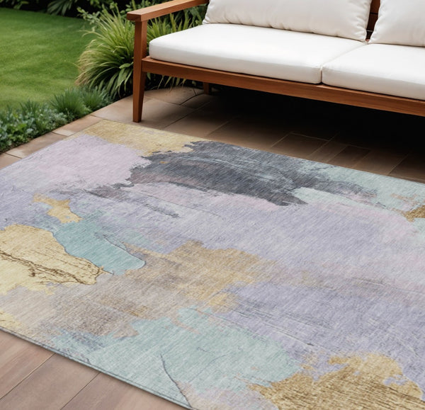 HomeRoots 5' Elegant Lavender and Gold Abstract Area Rug - Stylish, Durable, Machine Washable for Indoor/Outdoor Use 9' X 12' 627675