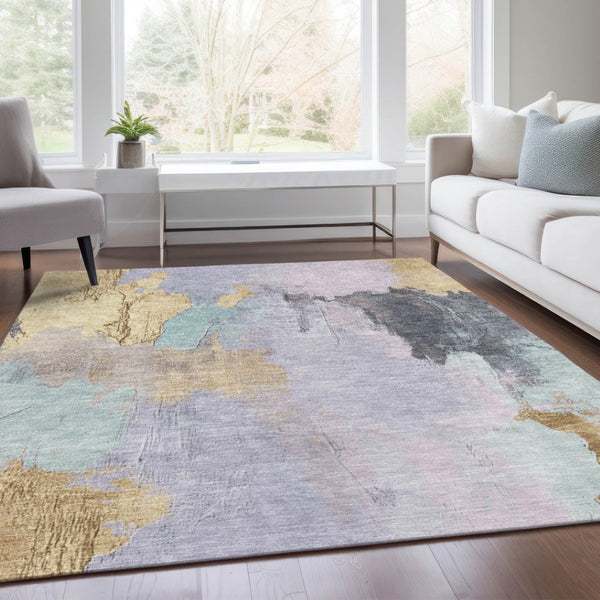 HomeRoots 5' Elegant Lavender and Gold Abstract Area Rug - Stylish, Durable, Machine Washable for Indoor/Outdoor Use 9' X 12' 627675