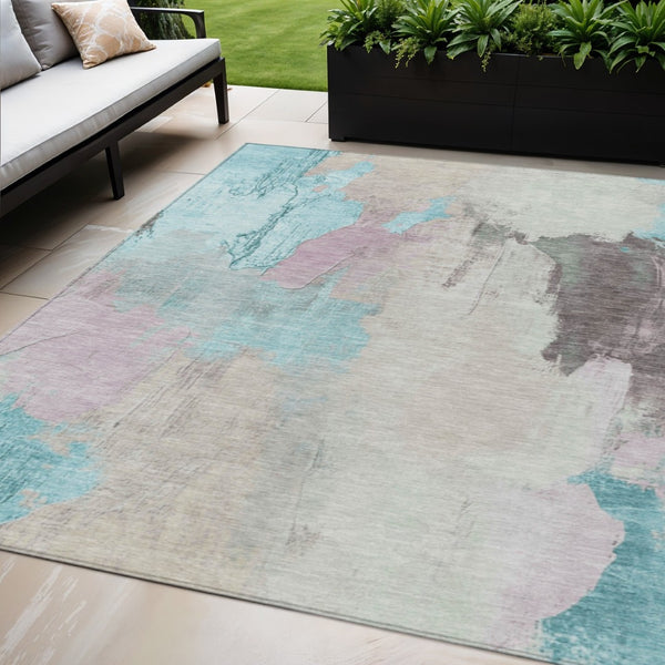 HomeRoots 5' Stylish Teal Blue and Beige Abstract Area Rug for Indoor and Outdoor Use – Durable & Washable Design 5' X 8' 627678