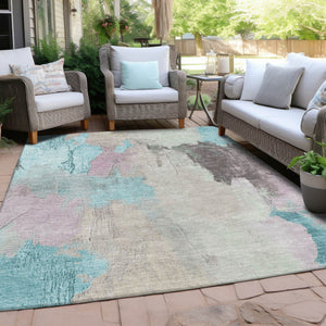 HomeRoots 5' Stylish Teal Blue and Beige Abstract Area Rug for Indoor and Outdoor Use – Durable & Washable Design 5' X 8' 627678