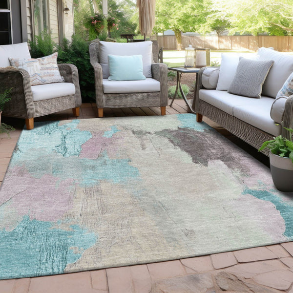 HomeRoots 5' Stylish Teal Blue and Beige Abstract Area Rug for Indoor and Outdoor Use – Durable & Washable Design 5' X 8' 627678