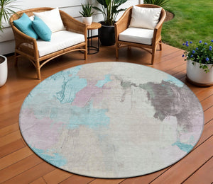 HomeRoots 5' Stylish Teal Blue and Beige Abstract Area Rug for Indoor and Outdoor Use – Durable & Washable Design 8' Round 627679