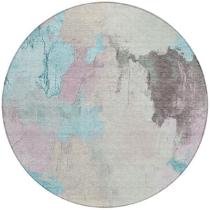 HomeRoots 5' Stylish Teal Blue and Beige Abstract Area Rug for Indoor and Outdoor Use – Durable & Washable Design 8' Round 627679