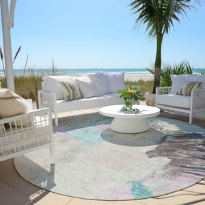 HomeRoots 5' Stylish Teal Blue and Beige Abstract Area Rug for Indoor and Outdoor Use – Durable & Washable Design 8' Round 627679
