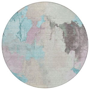 HomeRoots 5' Stylish Teal Blue and Beige Abstract Area Rug for Indoor and Outdoor Use – Durable & Washable Design 8' Round 627679