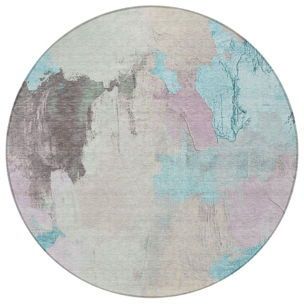 HomeRoots 5' Stylish Teal Blue and Beige Abstract Area Rug for Indoor and Outdoor Use – Durable & Washable Design 8' Round 627679