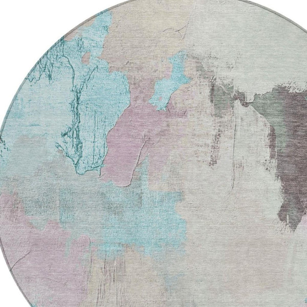 HomeRoots 5' Stylish Teal Blue and Beige Abstract Area Rug for Indoor and Outdoor Use – Durable & Washable Design 8' Round 627679