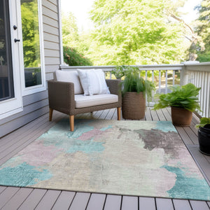 HomeRoots 5' Stylish Teal Blue and Beige Abstract Area Rug for Indoor and Outdoor Use – Durable & Washable Design 8' X 10' 627680