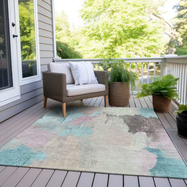 HomeRoots 5' Stylish Teal Blue and Beige Abstract Area Rug for Indoor and Outdoor Use – Durable & Washable Design 8' X 10' 627680