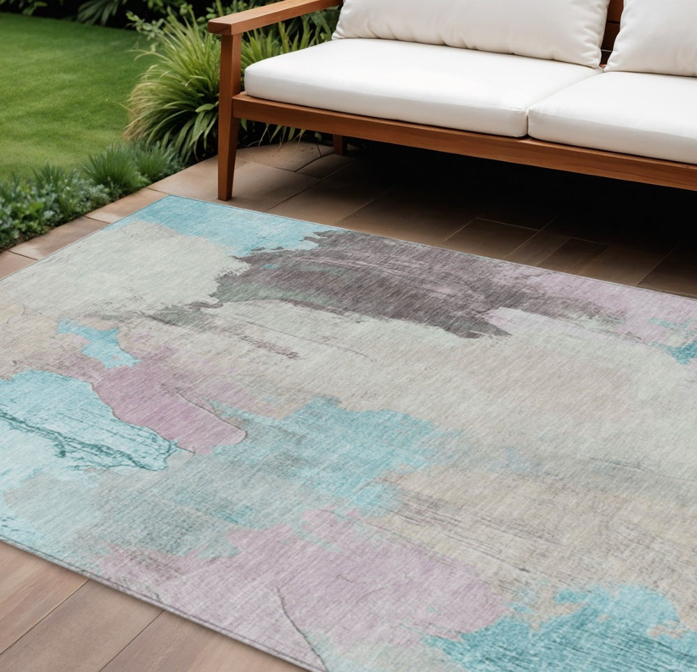HomeRoots 5' Stylish Teal Blue and Beige Abstract Area Rug for Indoor and Outdoor Use – Durable & Washable Design 9' X 12' 627681