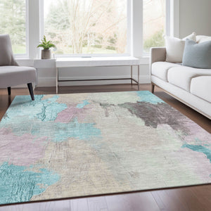 HomeRoots 5' Stylish Teal Blue and Beige Abstract Area Rug for Indoor and Outdoor Use – Durable & Washable Design 9' X 12' 627681