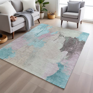 HomeRoots 5' Stylish Teal Blue and Beige Abstract Area Rug for Indoor and Outdoor Use – Durable & Washable Design 10' X 14' 627682