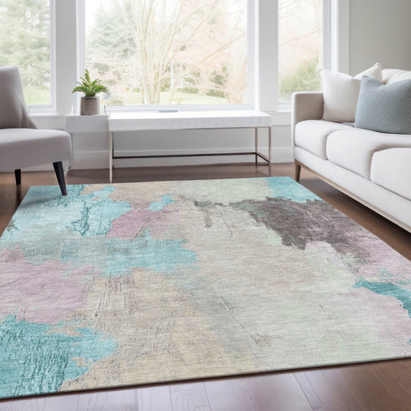 HomeRoots 5' Stylish Teal Blue and Beige Abstract Area Rug for Indoor and Outdoor Use – Durable & Washable Design 10' X 14' 627682