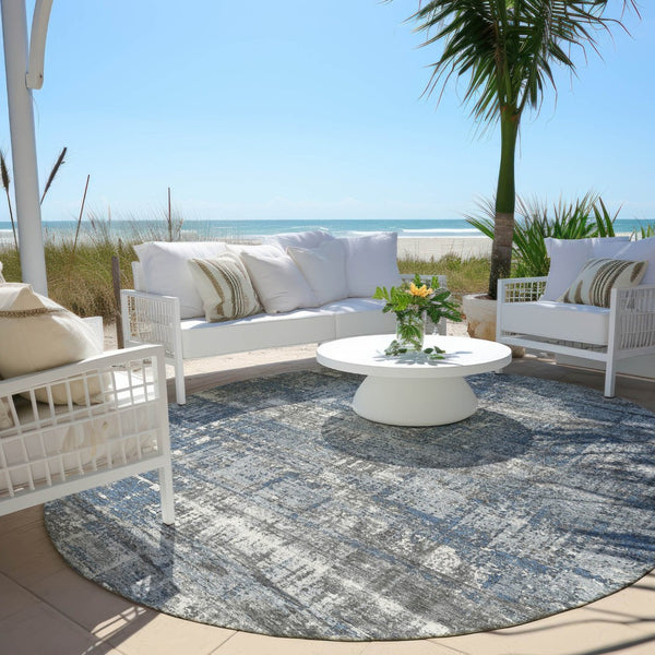 HomeRoots 5' Contemporary Denim Blue and Gray Geometric Area Rug – Durable, Washable for Indoor/Outdoor Use 8' Round 627697