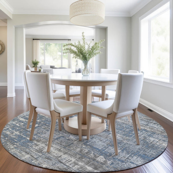 HomeRoots 5' Contemporary Denim Blue and Gray Geometric Area Rug – Durable, Washable for Indoor/Outdoor Use 8' Round 627697